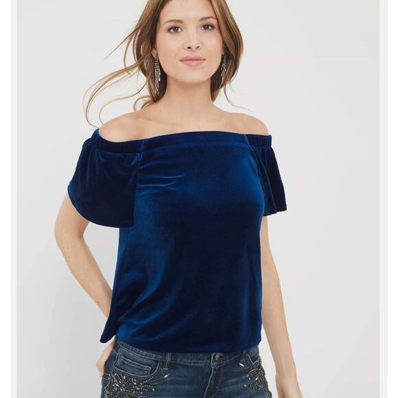White House Black Market Tops - White House Black Market Velvet Off Shoulder Blue Depths Top Size XS NWT